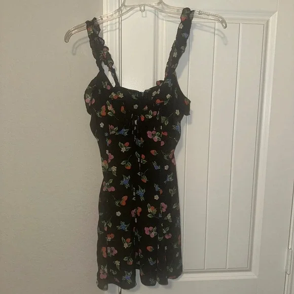 Zara Fruit Floral Black Silky Slip Mini Dress Strawberry Berries Size XS Spring - Picture 2 of 13